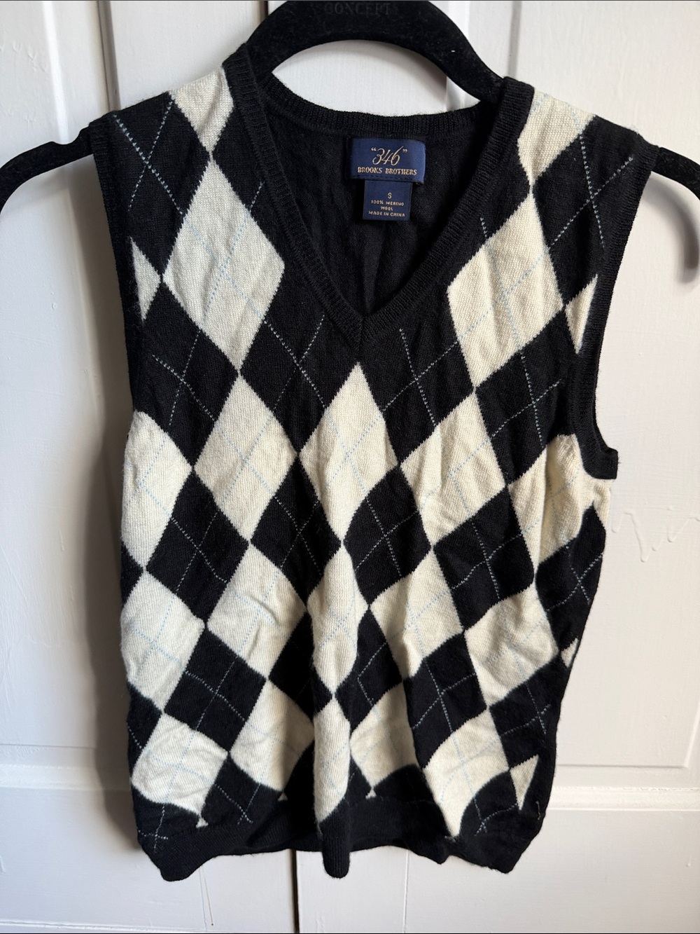 Brooks Brothers Black and White Wool Argyle V-Neck Sweater Vest